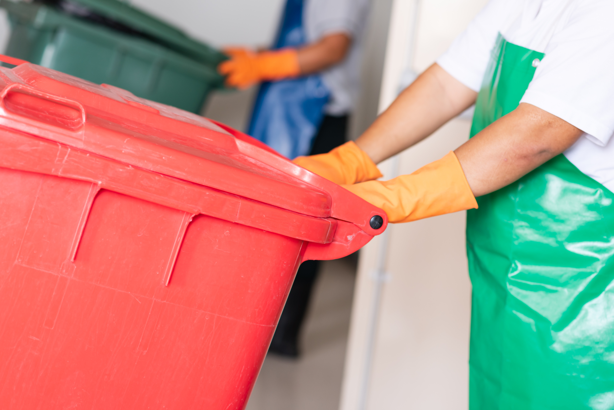 A Person Wearing Gloves and Holding a Red Bin